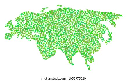Eurasia Map mosaic of round dots in variable sizes and ecological green color tones. Round dots are composed into eurasia map vector mosaic. Ecological vector illustration.