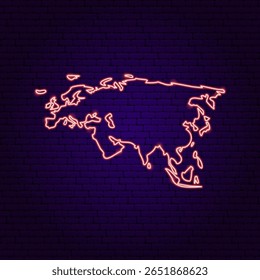 Eurasia Map Neon Continent. Ilustração em Arte Brilhante Vetorial de Forma Geográfica. Geografia e Cartografia. Objeto De Lâmpada De Led.