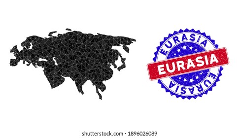 Eurasia map polygonal mesh with filled triangles, and rubber bicolor stamp seal. Triangle mosaic Eurasia map with mesh vector model, triangles have different sizes, and positions, and color tinges.