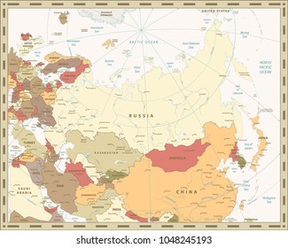 Eurasia Map Retro Color. Highly detailed vector illustration of map.