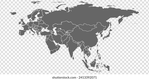 Eurasia Map vector. Gray similar world map blank vector on transparent background.  Gray similar Eurasia map with borders of all countries  and Countries of the UK. Quality Eurasia map. 