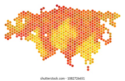 Eurasia map. Vector hex-tile geographic map in bright orange color shades. Abstract Eurasia map mosaic is formed of hot hex-tile dots.