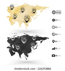 Eurasia map, wooden design texture, infographics vector illustration.