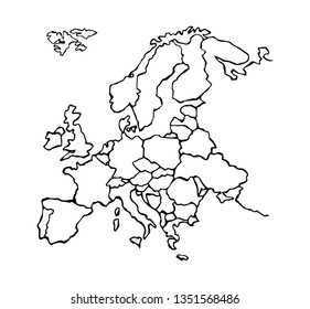 Eurasia. North island district plan shape on white backdrop. Freehand line black ink hand drawn web flat logo emblem frame. Travel concept design in art modern grunge doodle cartoon style pen on paper