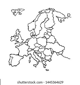 Eurasia. North island district plan shape on white backdrop. Freehand line black ink hand drawn web flat logo emblem frame. Travel concept design in art modern grunge doodle cartoon style pen on paper