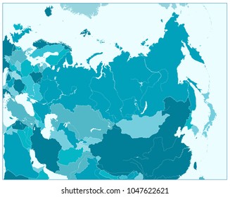 Eurasia political map in aqua blue colors. No text. Highly detailed vector illustration of map.