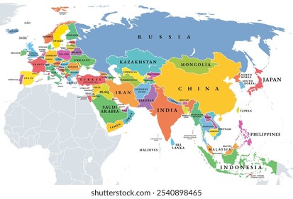 Eurasia, political map with individually colored states. Largest continental area on Earth, comprising all landmasses of Europe and Asia. With its nearly 100 states it is also called a supercontinent.