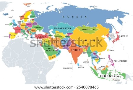 Eurasia, political map with individually colored states. Largest continental area on Earth, comprising all landmasses of Europe and Asia. With its nearly 100 states it is also called a supercontinent.