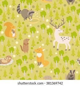 Eurasian animals seamless pattern. Forest abstract map with animals: deer, raccoon, otter, squirrel, fox, squirrel, gopher on colored green background.