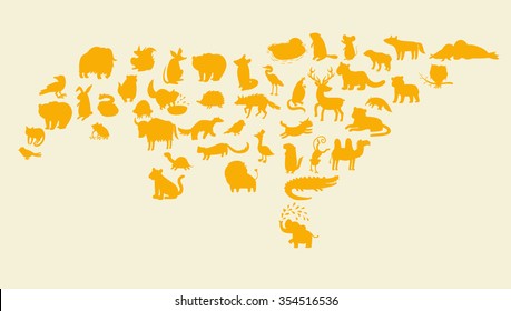 Eurasian animals silhouettes set. Vector illustration. The contour of the continent of Eurasia