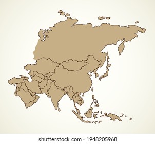 Eurasian district, islands plan shape on white backdrop. Freehand line black ink hand drawn web flat China travel concept logo sign emblem frame design in art modern doodle cartoon style pen on paper