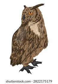 Eurasian eagle owl Bubo bubo sitting full body with head turned back over shoulder in profile view vector illustration isolated