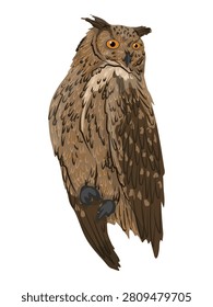 Eurasian eagle owl Bubo bubo vector illustration of large brown forest bird with orange eyes sitting isolated on white background Nocturnal predator icon for wildlife nature and ornithology design