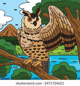 Eurasian Eagle Owl Colored Cartoon Illustration