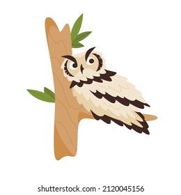 Lechuza águila euroasiática sentada en la rama del árbol. Elemento de diseño de búho de orejas largas. Ilustración vectorial plana aislada.
