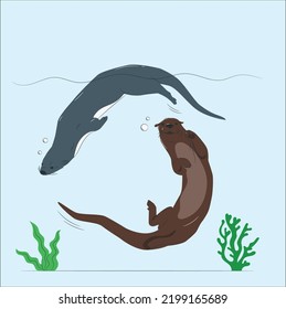 Eurasian otter (Lutra lutra) swimming underwater. Cute otter swimming, funny animal character vector Illustration. Happy animal wildlife cartoon character.