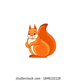 Eurasian red squirrel. Tail up. Cartoon character of a rodent mammal animal. A wild forest creature with orange fur. Side view. Vector flat illustration isolated on a white background.