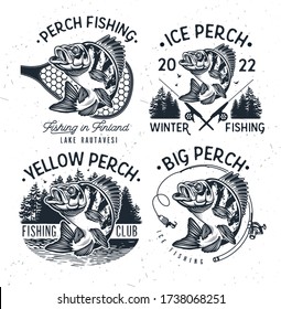 Eurasian River Perch Fish.Yellow Perch Fishing Club Emblem. Bass Fishing Logo Isolated on White Background. Vector Illustration.