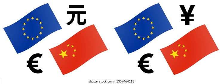 EURCNY forex currency pair vector illustration. EU and Chinese flag, with Euro and renminbi / yuan symbol.