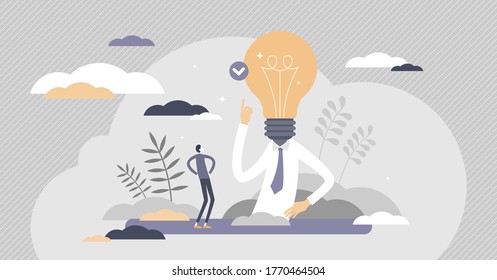 Eureka Or AHA Moment As Idea Solution Discovery Flat Tiny Persons Concept. Innovation Breakthrough Abstract Scene Vector Illustration. Creativity Business Invention Businessman With Light Bulb In Head