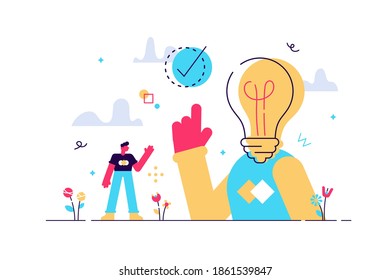 Eureka or AHA moment as idea solution discovery flat tiny persons concept. Innovation breakthrough abstract scene vector illustration. Creativity business invention businessman with light bulb in head