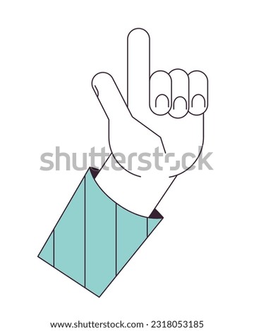 Eureka hand gesture flat line concept vector spot illustration. Raised finger 2D cartoon outline hand on white for web UI design. Attention. Pointing finger editable isolated colorful hero image