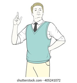 Eureka. Illustration of a man in a limpet shell color vest with a raised finger up. Vector.