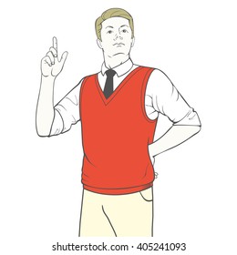 Eureka. Illustration Of A Man In A Red Vest With A Raised Finger Up. Vector.