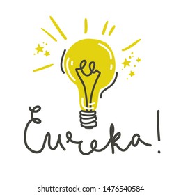 Eureka. Lettering Composition With Light Bulb. Vector Illustration. Science Discovery Poster.