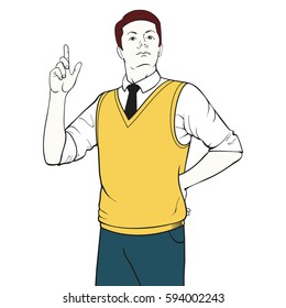 Eureka. Man in the Primrose Yellow color vest with a raised finger up. Vector illustration