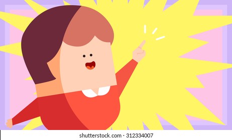 Eureka Moment, Discover Something New, Found The Answer Cartoon Illustration. A Smart Female Woman Raising Her Hand With Pointing Upwards Finger Gesture Signs. Comic Style Star Burst Effect Background