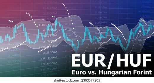 EURHUF pair in the forex market. Trading screen background. Market graph of heikin-ashi, Parabolic SAR, and Bollinger bands indicator. Acronym EUR - Euro. Acronym HUF - Hungarian Forint.