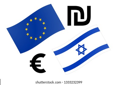 EURILS Devisenpaar Vektorgrafik. EU- und israelische Flagge mit dem Symbol Euro und Shekel.
