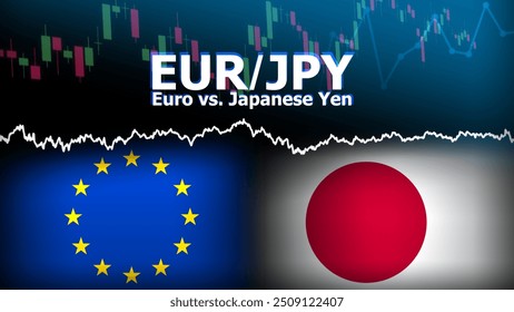 Par de divisas de EURJPY en el mercado de divisas. Ilustración de divisas. Concepto de fluctuación de Precio. EUR: acrónimo de Euro Currency. JPY: acrónimo de Yen japonés.