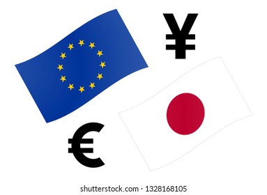 EURJPY forex currency pair vector illustration. EU and Japanese flag, with Euro and Yen symbol.