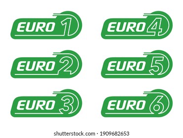 EURO 1, Euro 2, 3, 4, 5 And 6. European Emission Standards Stickers Set - - Acceptable Limits For Exhaust Emissions Of New Vehicles Sold In The European Union And EEA Member States