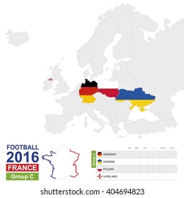 EURO 2016, Football 2016, Group C table. Group A highlighted on Europe map: Germany, Ukraine, Poland, Northern Ireland. Map of Europe. Vector Illustration.