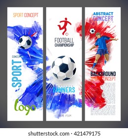 Fußball-Europameisterschaft 2016 in Frankreich. Sportbanner mit Fußballspieler und Fußball auf rotem, blauem Hintergrund. Mit Aquarellfarben gestrichen. Isolate auf Weiß. Logo Sport.