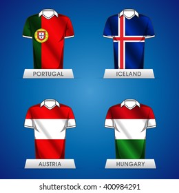 Euro 2016 France. Vector flags and groups. European football championship. Soccer tournament. GROUP F jerseys