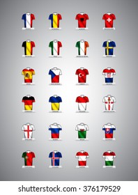 Euro 2016 vector groups. European football championship in France. Vector jerseys with country flags.