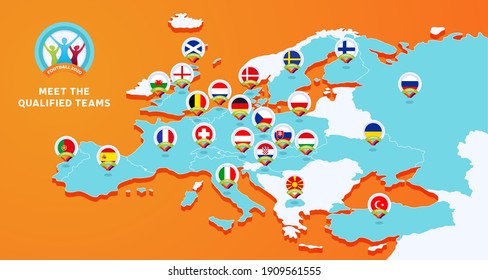 Euro 2020 football championship Vector illustration with a map of Europe with highlighted countries flag that qualified to final stage and logo sign on orange background.