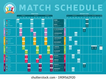 Fußball 2020 Turnier Finale Spielplan, Vorlage für Web, Druck, Fußball-Ergebnistisch, Flaggen der europäischen Länder Fußball-WM 2021, Vektorgrafik.