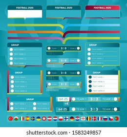 Euro 2020 mega collection lit of templates for the European Championship 2020 vector stock set. Design of group tables, scoreboards, team flags, backgrounds and brand elements