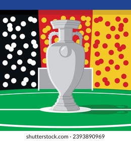 Euro 2024 vector sport square colorful illustration football tournament trophy with green field goal and stands with Germany flag and blue background.