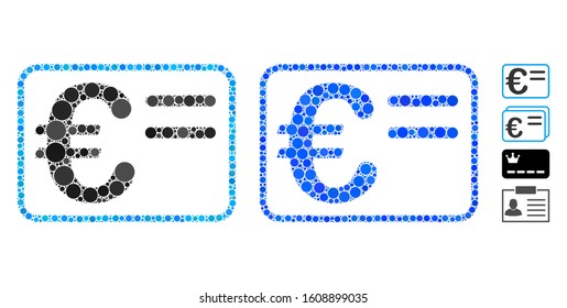 Euro account card composition of filled circles in various sizes and color tinges, based on Euro account card icon. Vector filled circles are united into blue collage.