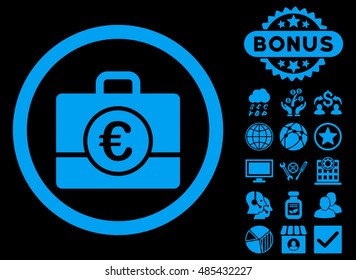 Euro Accounting Case icon with bonus design elements. Vector illustration style is flat iconic symbols, blue color, black background.