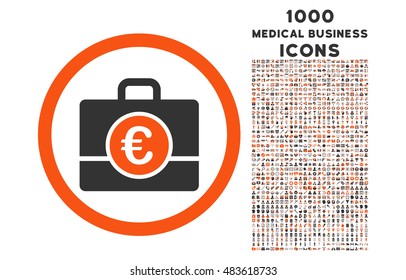 Euro Accounting Case rounded vector bicolor icon with 1000 medical business icons. Set style is flat pictograms, orange and gray colors, white background.