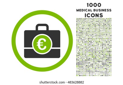 Euro Accounting Case rounded vector bicolor icon with 1000 medical business icons. Set style is flat pictograms, eco green and gray colors, white background.