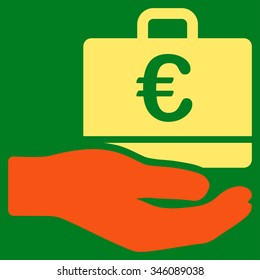 Euro Accounting Service vector icon. Style is bicolor flat symbol, orange and yellow colors, rounded angles, green background.
