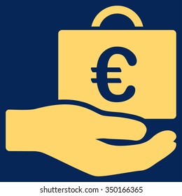 Euro Accounting Service vector icon. Style is flat symbol, yellow color, rounded angles, blue background.